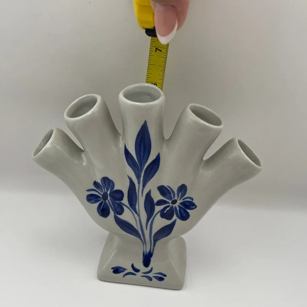 Ceramic 5 Finger Vase Blue Floral Hand Painted Gray Williamsburg Folk Art Frog